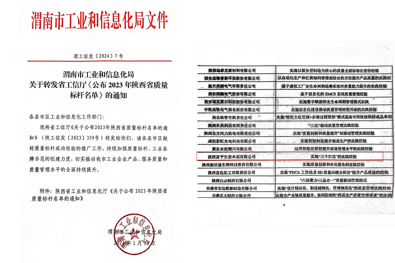 喜報！富平公司榮獲陜西省質量標桿榮譽